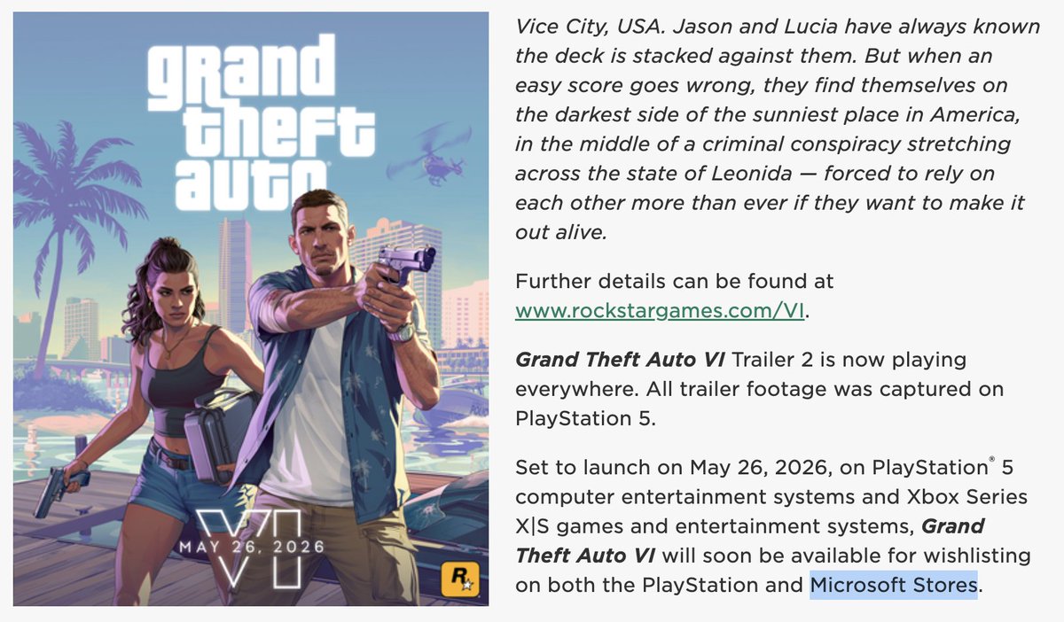 GTAGossipCom's tweet image. 🚨BREAKING: According to a statement from Take-Two Interactive, the Microsoft Store should allow users to add GTA 6 to their wishlists.

(via @videotechuk_ and @GameRoll_)