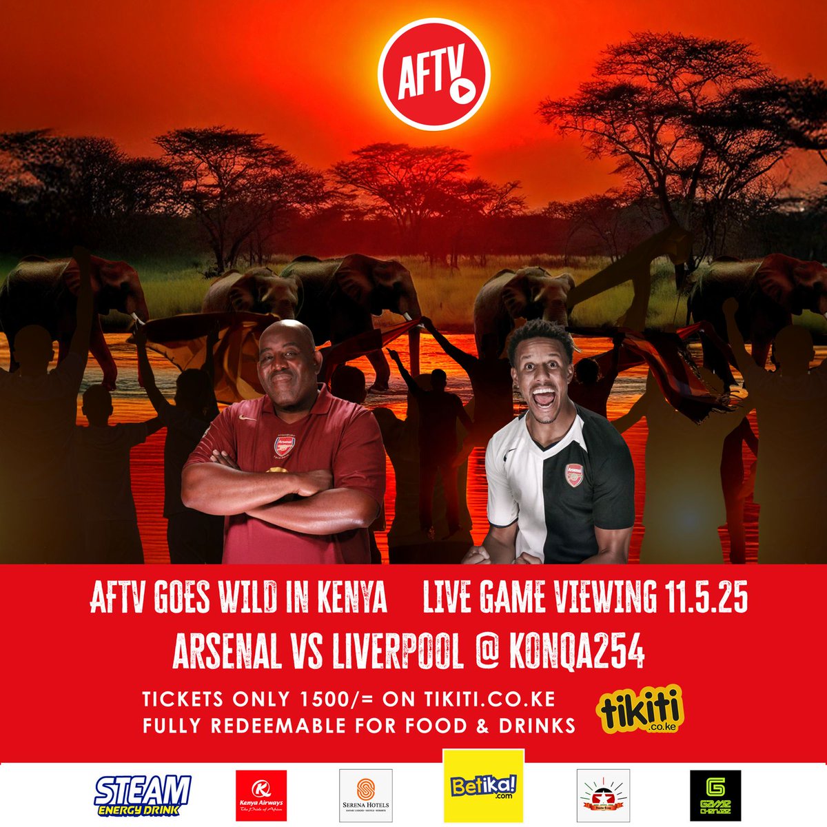 AFTV in the 254? Say less.

Arsenal vs Liverpool live this Sunday, May 11th at KONQA254.
Tickets 1500 bob on Tikiti.co.ke – and yes, that’s fully usable on food and drinks.

Don’t wait for the IG highlights. Be there.

#AFTV254 #KonqaExperience #ArsenalVsLiverpoolKE