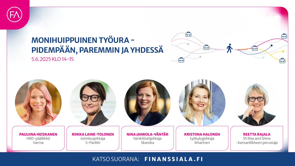 Väestö ikääntyy, syntyvyys laskee – ja Suomessa jäädään pois työelämästä aiemmin kuin muissa Pohjoismaissa. Samaan aikaan puhumme osaajapulasta ja kestävyysvajeesta.

Jotta osaaminen saadaan käyttöön, on aika päivittää käsityksemme työurasta.

Lue lisää⬇️

finanssiala.fi/aiheet/pyorea-…