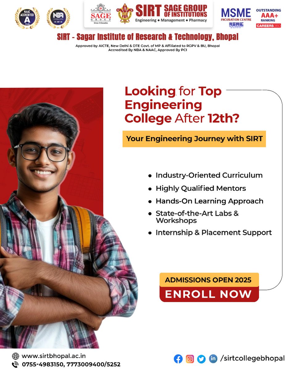 SIRT_BHOPAL's tweet photo. Unlock Your Future with SGI! 🚀

Take the first step towards a brighter tomorrow with SGI's future-ready programs! 🌟 

Our expert faculty, state-of-the-art infrastructure, and industry-partnerships will equip you with the skills and knowledge to excel in your chosen field. https://t.co/ml2gPElt1y