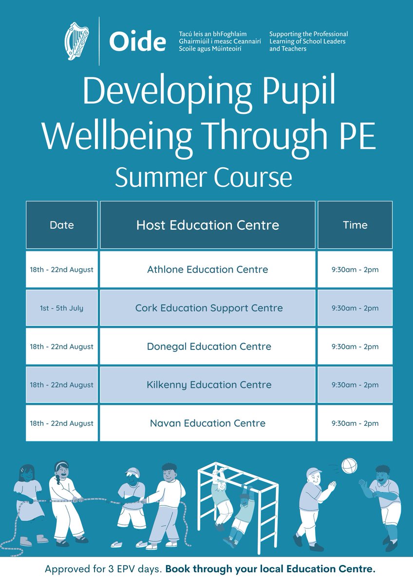 📰Are you thinking of booking an EPV approved summer course?
Oide Primary Wellbeing have two fantastic face-to-face courses running in various locations in July/ August 2025. 
1) A School Approach to RSE and 2) Developing Pupil Wellbeing through PE. 
Further details on our flyers