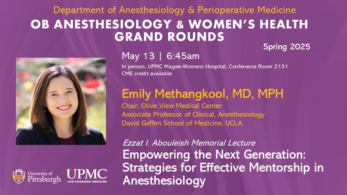 Pitt Anesthesiology & Perioperative Medicine (@pittanes) on Twitter photo 👩🏼🤝👩🏽 OB Anesthesiology & Women's Health Grand Rounds on May 13 at 6:45 am. Dr. Emily Methangkool <a href="/UCLAAnes/">UCLA Anesthesiology</a> will present " Empowering the Next Generation: Strategies for Effective Mentorship in Anesthesiology."
📅 Event details: buff.ly/3yN0FiM 👩🏼🤝👩🏽 OB Anesthesiology & Women's Health Grand Rounds on May 13 at 6:45 am. Dr. Emily Methangkool <a href="/UCLAAnes/">UCLA Anesthesiology</a> will present " Empowering the Next Generation: Strategies for Effective Mentorship in Anesthesiology."
📅 Event details: buff.ly/3yN0FiM