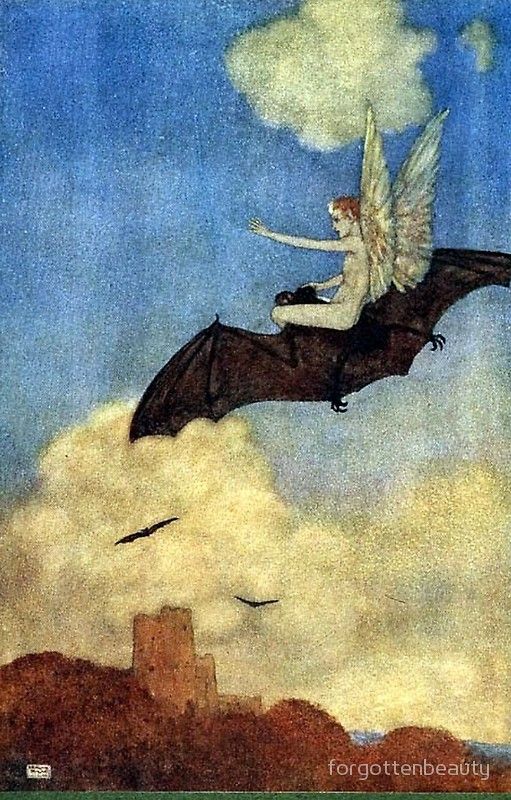 NINETEENTH-CENTURY GOTHIC FAIRIES IN FLIGHT 
Owl-riding fairy from the Grey Fairy Book 1900 and a butterfly-winged Ariel on a Bat's back from Dulac 1908