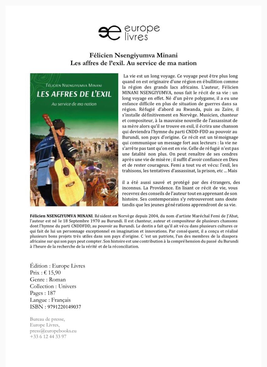 Appolinaire Nishirimbere (@apollosmile) on Twitter photo đ "Les affres de l'exil , au service de ma nation" â Un livre poignant oĂč la vie de <a href="/FemidejabatB/">Femidejabat Burundi</a> reflĂšte lâhistoire mĂ©connue de tant de Burundais!
Si vous voulez comprendre le #Burundi, son passĂ©, ses luttes et sa rĂ©silience, ce rĂ©cit est indispensable. đ "Les affres de l'exil , au service de ma nation" â Un livre poignant oĂč la vie de <a href="/FemidejabatB/">Femidejabat Burundi</a> reflĂšte lâhistoire mĂ©connue de tant de Burundais!
Si vous voulez comprendre le #Burundi, son passé, ses luttes et sa résilience, ce récit est indispensable.