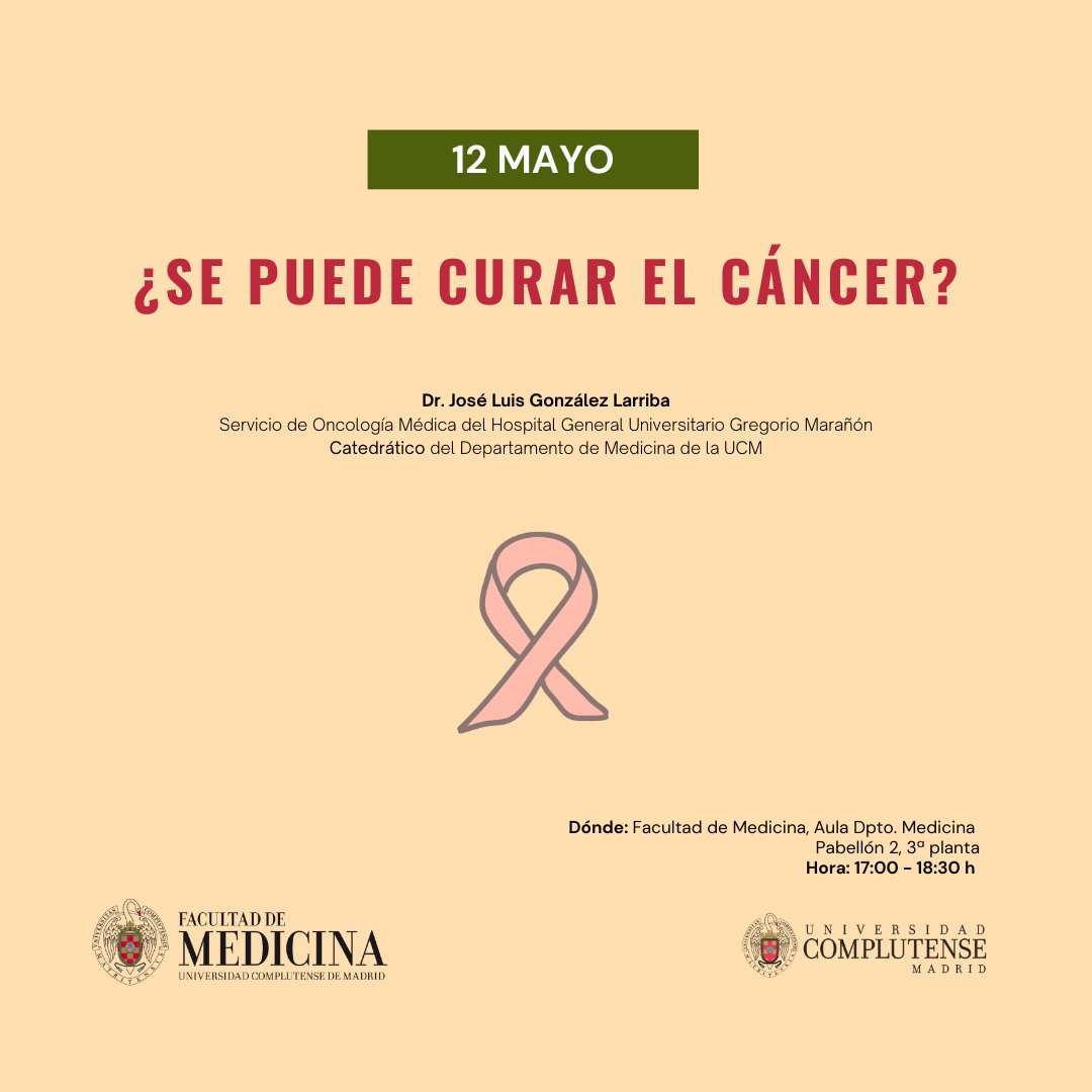 🗓 El próximo seminario, “¿Se puede curar el cáncer?”, se celebrará el lunes 12 de mayo, de 17:00 a 18:30, y será impartido por el Dr. José Luis González Larriba  

📌link al formulario de inscripción:   docs.google.com/forms/d/1WWA6P……