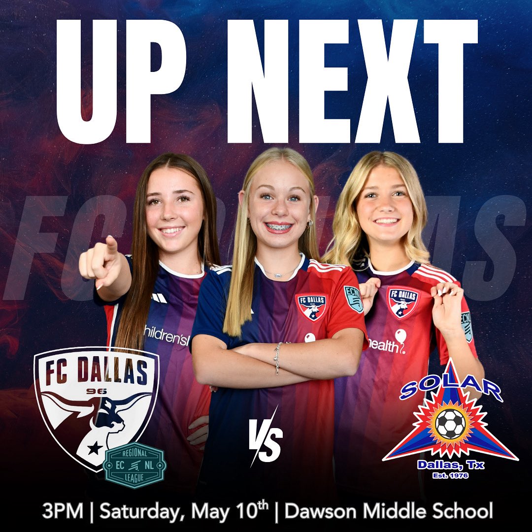 FC Dallas 2009G ECNL (U16) (@fcdallas09gecnl) on Twitter photo This will be a great game to watch! Let’s go girls! #DTID
📆 Saturday 5/10
🆚 SOLAR 09G ECNL
⏰ 3:00pm
📍Dawson Middle School
<a href="/FCDGirlsECNL/">FC Dallas Girls ECNL</a> | <a href="/ECNLgirls/">ECNL Girls</a> This will be a great game to watch! Let’s go girls! #DTID
📆 Saturday 5/10
🆚 SOLAR 09G ECNL
⏰ 3:00pm
📍Dawson Middle School
<a href="/FCDGirlsECNL/">FC Dallas Girls ECNL</a> | <a href="/ECNLgirls/">ECNL Girls</a>