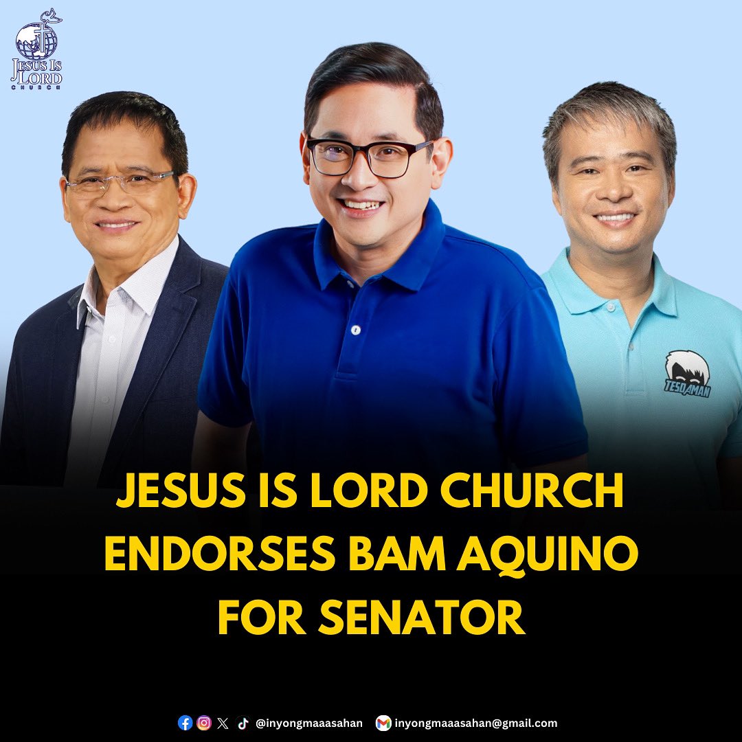 inyongmaaasahan's tweet photo. JESUS IS LORD ADDS BAM AQUINO IN THEIR OFFICIAL ENDORSEMENT LIST

Pormal na rin inendorso ng samahang Jesus Is Lord Church Worldwide ang kandidatura ni dating senador Bam Aquino sa pagka-senador. https://t.co/cg88EC3riV