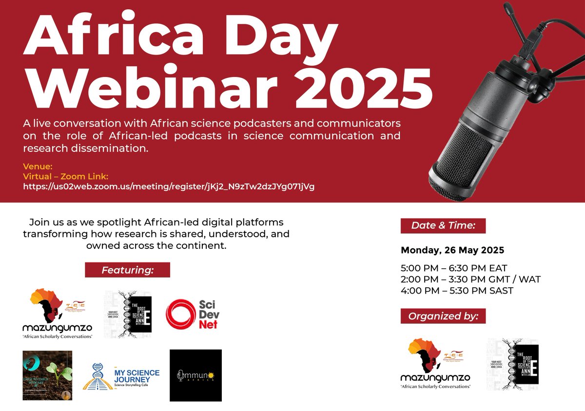 📢Webinar Announcement
This Africa Day,join leading African science communicators as they unpack what it takes to build trust, visibility &amp; ownership in telling Africa’s research stories. To join the conversation, register here: us02web.zoom.us/meeting/regist… 
<a href="/afripods/">Afripods</a>  <a href="/SciDevNet/">SciDev.Net</a>