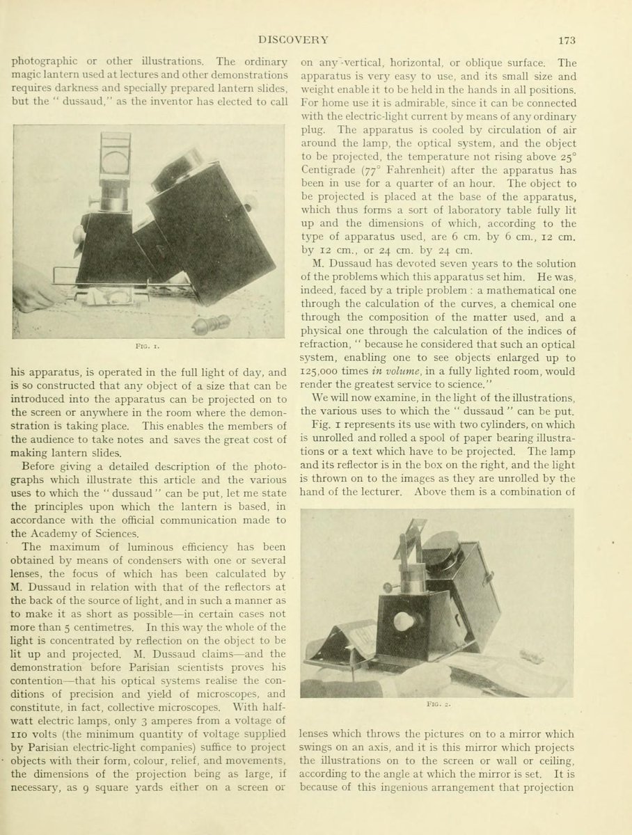 RealPreCinema's tweet image. ‘The Dussaud’  as Dussaud himself called his Microphonograph found on pp172, 173, 174, 175 of ‘Discovery-- A Monthly Popular Journal of Knowledge,’  edited by A. S. Russell, London, volume I, January to December issue, 1920. Article by G. Frederic Lees.