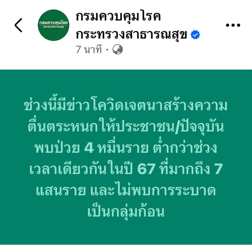 treechadalive's tweet image. กรมควบคุมโรคแจง ไม่มีการระบาดของโรคโควิด 19 ที่น่ากลัวอย่างที่มีการปล่อยข่าว fake news ในโซเชี่ยล มีจำนวนผู้ป่วยทั้งประเทศ 4 หมื่นรายน้อยกว่าปีที่แล้วถึง 7 แสนราย  ยังไม่พบการระบาดเป็นกลุ่มก้อน วอนประชาชนอย่าตระหนก แนะ เข้าที่ชุมชนสวมหน้ากากอนามัย @ddc_riskcom