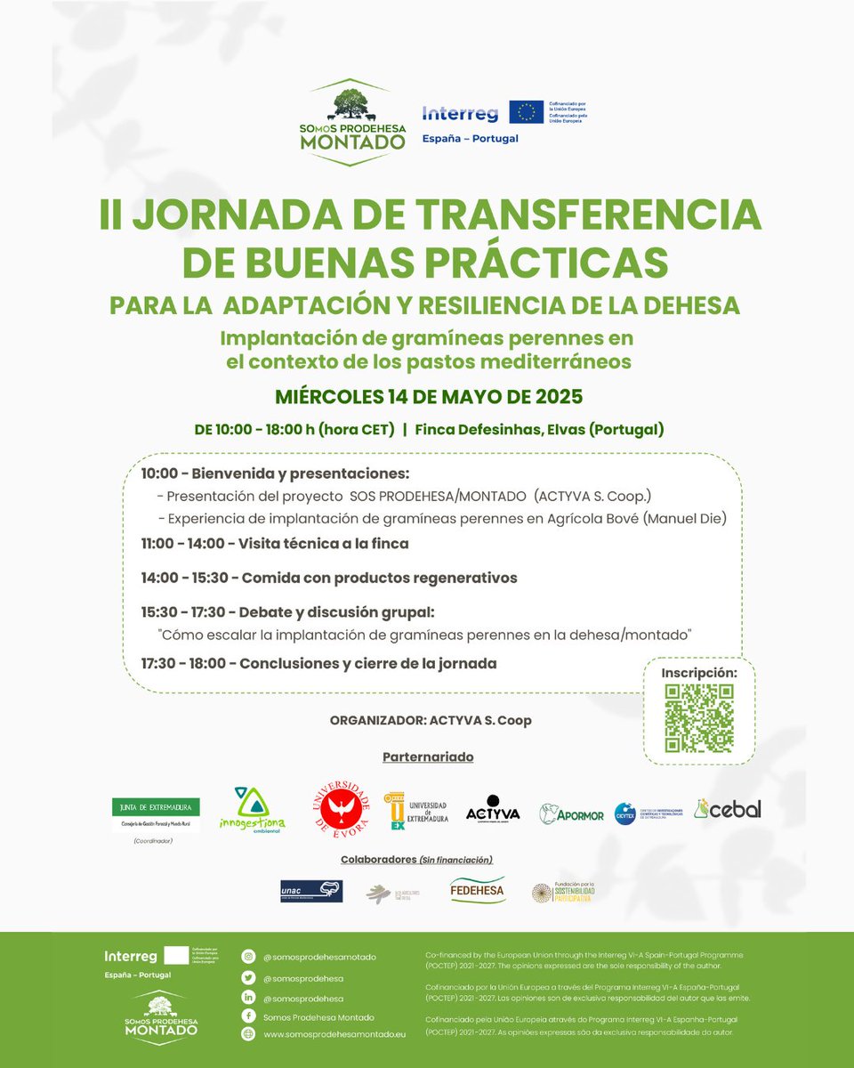 sosprodehesa's tweet image. 🌱 II Jornada de Transferencia de Buenas Prácticas en la Dehesa 🌳
📅 Fecha: Miércoles 14 de Mayo de 2025
📍 Lugar: Finca Defesinhas, Elvas (Portugal)
🕙 Horario: 10:00 - 18:00 (hora CET)
📩 ¡Plazas limitadas! Inscríbete aquí:
👉 lnkd.in/dpTSmsRT