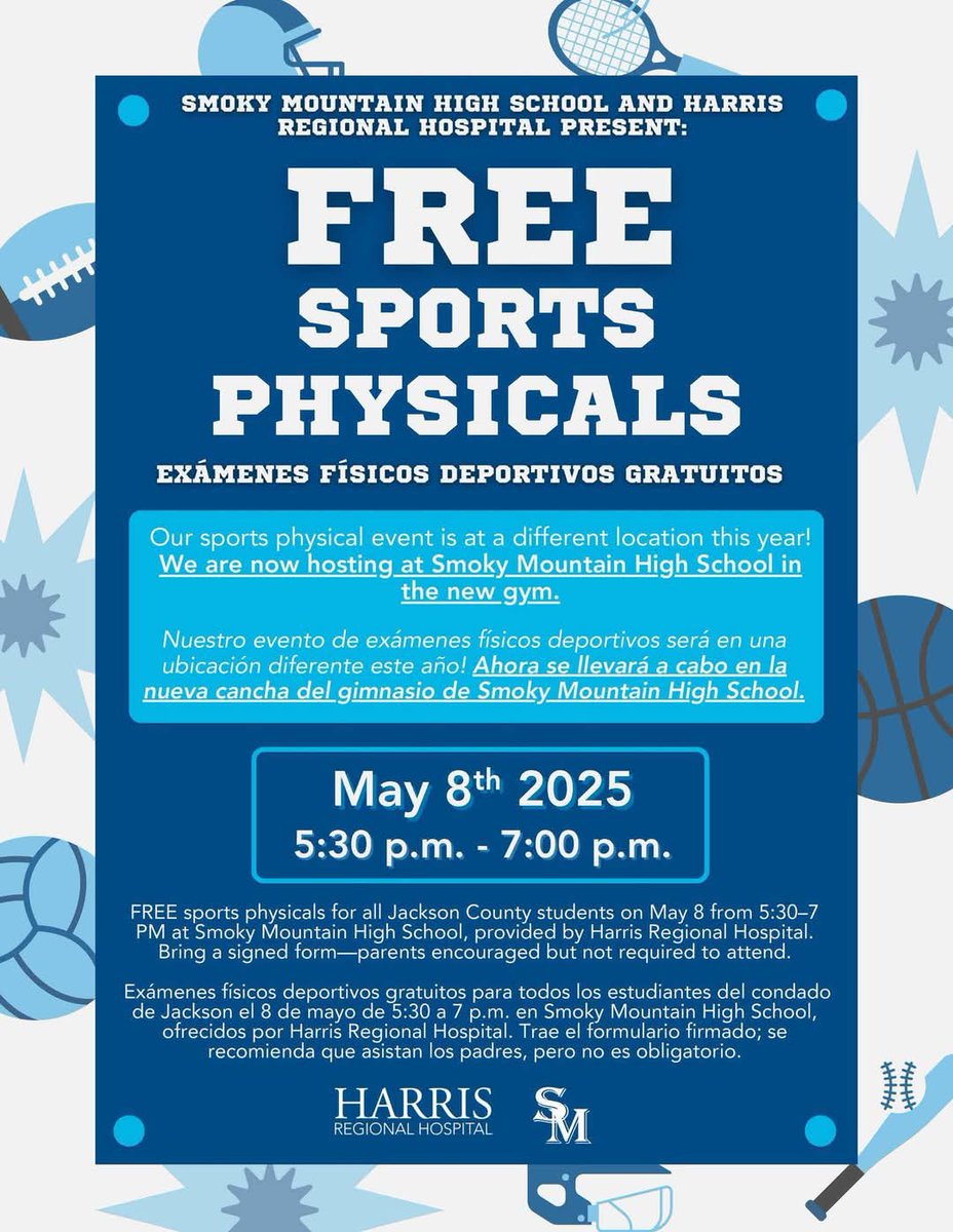 Free Sports Physicals this evening. Don't forget the new location this year- SMHS New Gym!