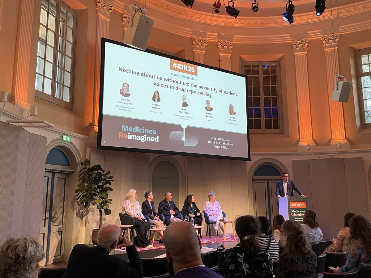 Patient organisations on the panel sharing their experience in repurposing medicines - the hurdles and the path to success. On stage: <a href="/CLOVESSyndrome/">CLOVES Syndrome Community</a>, <a href="/Mission_Cure/">Mission: Cure</a>, <a href="/GP_TP53_Trust/">The George Pantziarka TP53 Trust</a>, Volwassenen, Kinderen en Stofwisselingsziekten (VKS) and Lorna Pender.