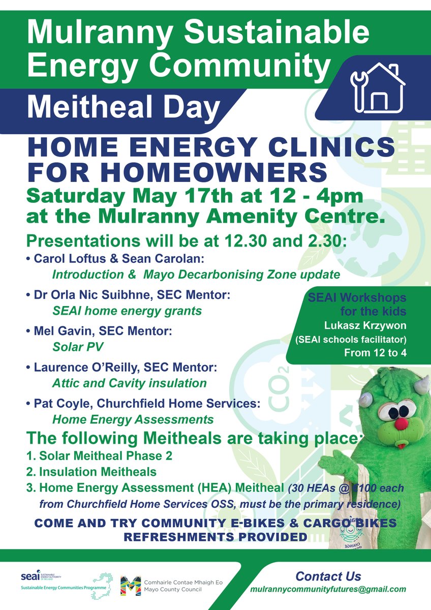 Big Sustainable Energy Community Day coming up in Mulranny, Co Mayo. Mulranny is the Decarbonising Zone for Co Mayo, and we are running a number of Meitheals for the homeowners in Mulranny <a href="/SEAI_ie/">SEAI</a> <a href="/Melgavin_sligo/">Mel Gavin</a> <a href="/MulrannyPark/">Mulranny Park Hotel</a> <a href="/MulrannyNS/">Mulranny N.S.</a> <a href="/mulrannygoat/">Mulranny Goat Herder</a> <a href="/MulrannyTourism/">Mulranny Tourism</a>