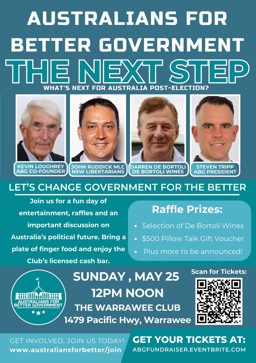 austforbetter's tweet image. This will be an important next step in beginning the discussion on the political reforms we want in Australia.
For tickets, visit: abgfundraiser.eventbrite.com
Political change in this Country can only take place with YOUR HELP! So join us for this important event!
@JohnRuddick2