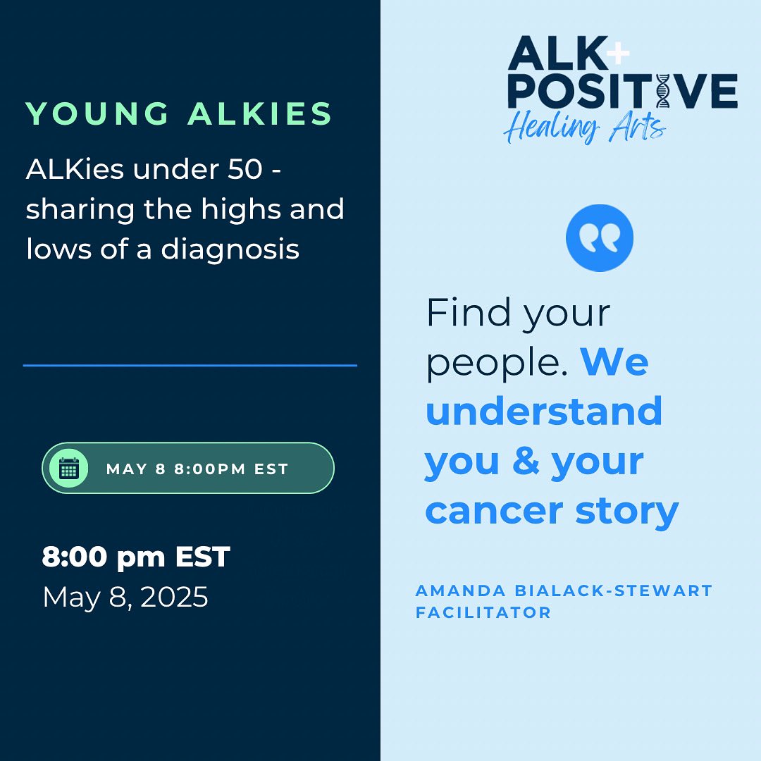 Calling all Young ALKies under 50! ✨ 

Your cancer fam meets TONIGHT (Thurs, May 8th) at 8PM EST.

Juggling jobs, kids, treatment — and still trying to live your life? This is the space to *actually talk* about it.

🔗 alkpositive.org/living-with-al…

#youngcancer #cancer #lungcancer