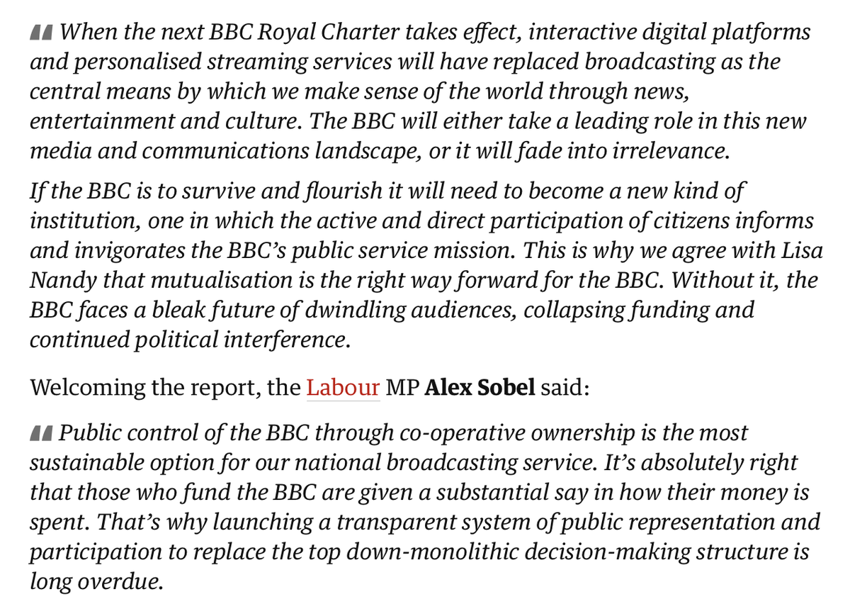 Dan Hind (@danhind) on Twitter photo The Guardian has flagged up the <a href="/mediareformUK/">Media Reform Coalition</a> / <a href="/Cmmonwealth/">Common Wealth</a> report on BBC reform, and quotes <a href="/alexsobel/">Alex Sobel MP for Leeds Central and Headingley</a> MP. It also includes the phrase "active and direct participation", which I'm doing all I can to drum into people's heads over the next two years.
theguardian.com/politics/live/… The Guardian has flagged up the <a href="/mediareformUK/">Media Reform Coalition</a> / <a href="/Cmmonwealth/">Common Wealth</a> report on BBC reform, and quotes <a href="/alexsobel/">Alex Sobel MP for Leeds Central and Headingley</a> MP. It also includes the phrase "active and direct participation", which I'm doing all I can to drum into people's heads over the next two years.
theguardian.com/politics/live/…