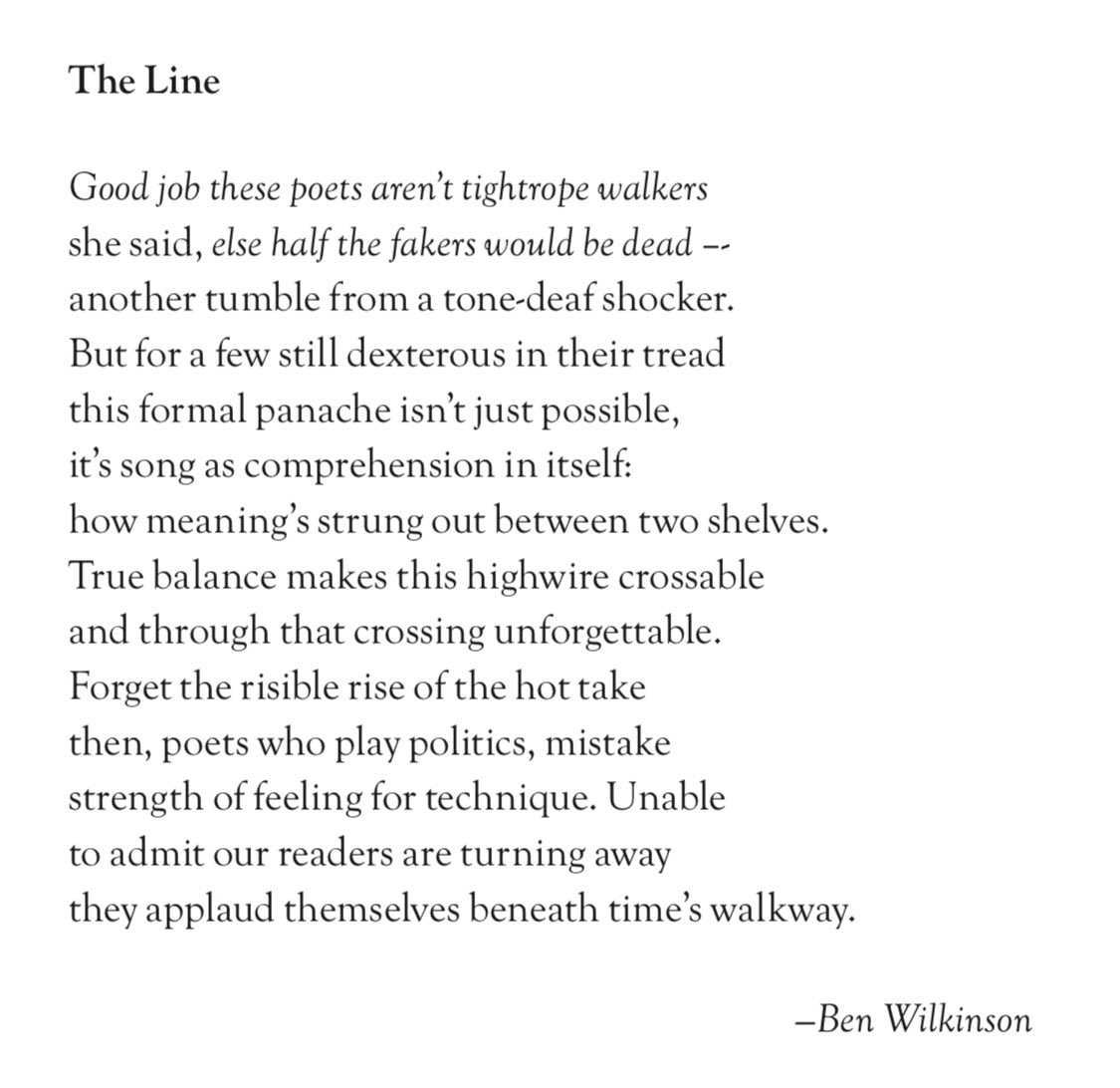 Ben Wilkinson (@benwilko85) on Twitter photo “Forget the risible rise of the hot take / then, poets who play politics, mistake / strength of feeling for technique.”
A couple of new poems in this week’s <a href="/spectator/">The Spectator</a>, including this little number. “Forget the risible rise of the hot take / then, poets who play politics, mistake / strength of feeling for technique.”
A couple of new poems in this week’s <a href="/spectator/">The Spectator</a>, including this little number.
