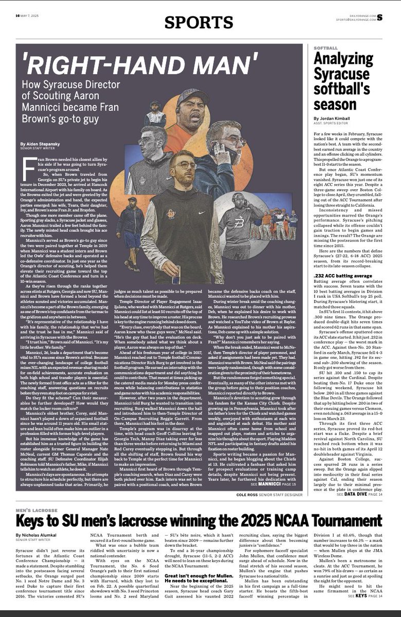 Aiden Stepansky (@aidenstepansky) on Twitter photo Syracuse Scouting Director Aaron Mannicci was first paired with Fran Brown as a student intern at Temple. Years later, Mannicci is his right-hand man at SU.
“That's my guy. That connection is there for life," Brown said.
My story for <a href="/DOsports/">Daily Orange Sports</a>:
dailyorange.com/2025/05/syracu… Syracuse Scouting Director Aaron Mannicci was first paired with Fran Brown as a student intern at Temple. Years later, Mannicci is his right-hand man at SU.
“That's my guy. That connection is there for life," Brown said.
My story for <a href="/DOsports/">Daily Orange Sports</a>:
dailyorange.com/2025/05/syracu…