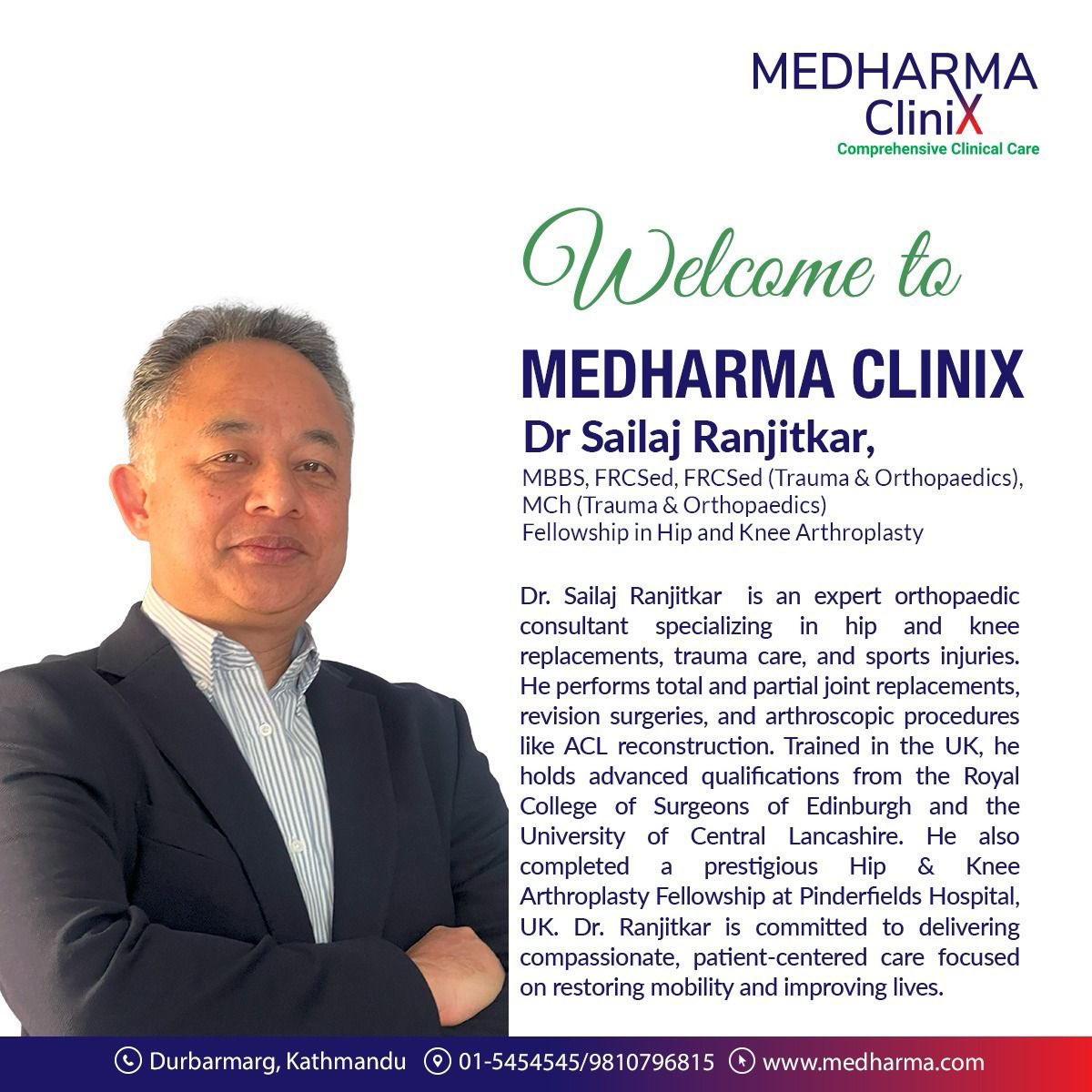 We’re thrilled to welcome Dr. Sailaj Ranjitkar to Medharma CliniX!
An orthopaedic expert trained in the UK, he specializes in joint replacements, trauma, &amp; sports injuries—bringing world-class care to Kathmandu.
Visit us: medharma.com
#MedharmaCliniX #Orthopaedics
