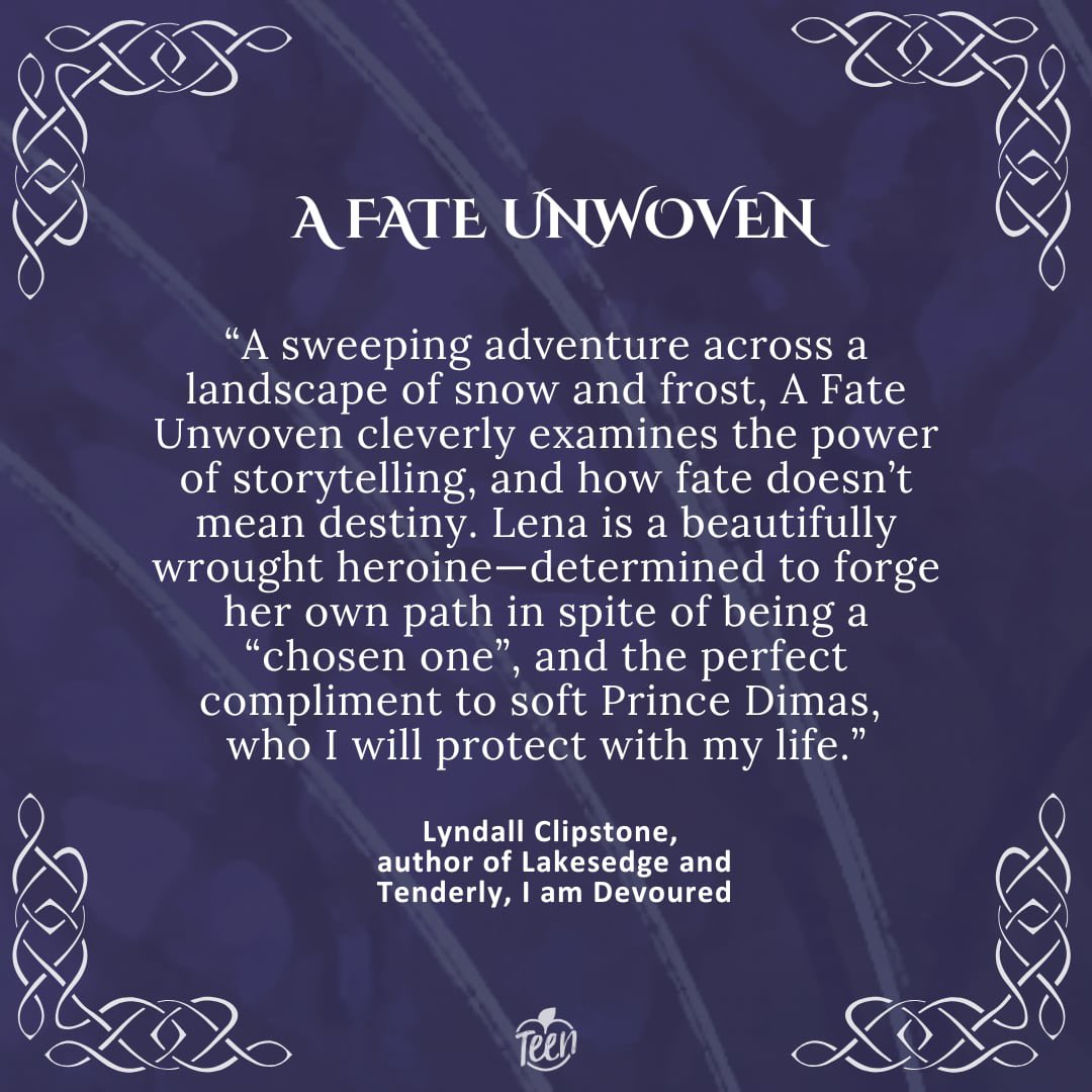 RachaelAWrites's tweet image. I’m so beyond excited to share @lkclipstone’s blurb for A Fate Unwoven!! I’m a big fan and was honoured when she agreed to blurb my debut ❤️
A Fate Unwoven publishes October 14th with @peachtreeteen and I’ll be sharing more blurbs from now until release month! ❄️❄️