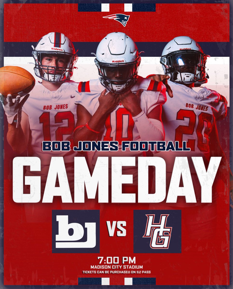 Bob Jones Football (@bjhs_football) on Twitter photo 𝓢𝓹𝓻𝓲𝓷𝓰 GAME DAY! 
⏰ : 7:00 pm
🆚 : Hazel Green 
🏟️ : Madison City Stadium 
🎟️ : S2 Pass
#EAT | #BJP | #weareBOBJONES 𝓢𝓹𝓻𝓲𝓷𝓰 GAME DAY! 
⏰ : 7:00 pm
🆚 : Hazel Green 
🏟️ : Madison City Stadium 
🎟️ : S2 Pass
#EAT | #BJP | #weareBOBJONES