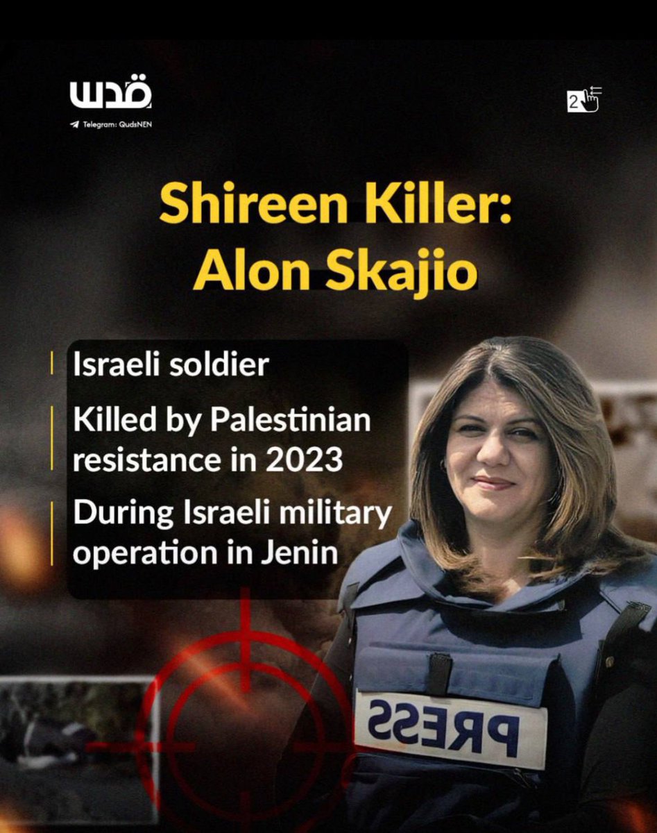 Ricordate l’omicidio della giornalista 
Shireen Abu Akleh, insabbiato da Israele, col “proiettile deviato da un sasso” e impedendo un’indagine indipendente?
Un documentario rivela che a ucciderla è stato il cecchino israeliano Alon Sacagiu, sparandole alla testa.
#bugiardisempre