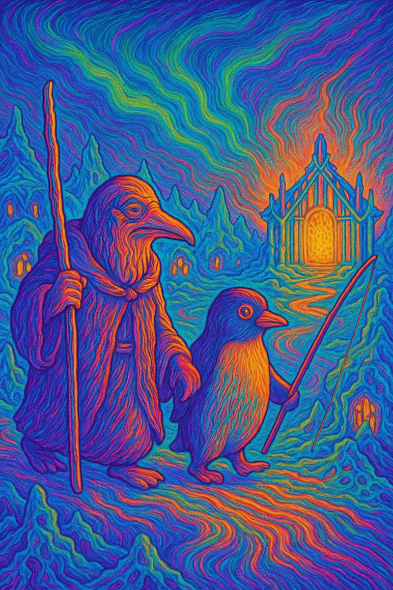 ABSTRUCKPENGU's tweet image. Within the icebound walls of the P.U.D.G.Y. Village,
a tremor of corruption rippled through the crystalline air:
the guardians sensed danger lurking in the folds of time.
The elders awoke from their ageless slumber,
draped in cloaks woven with frosted runes,
and summoned the…