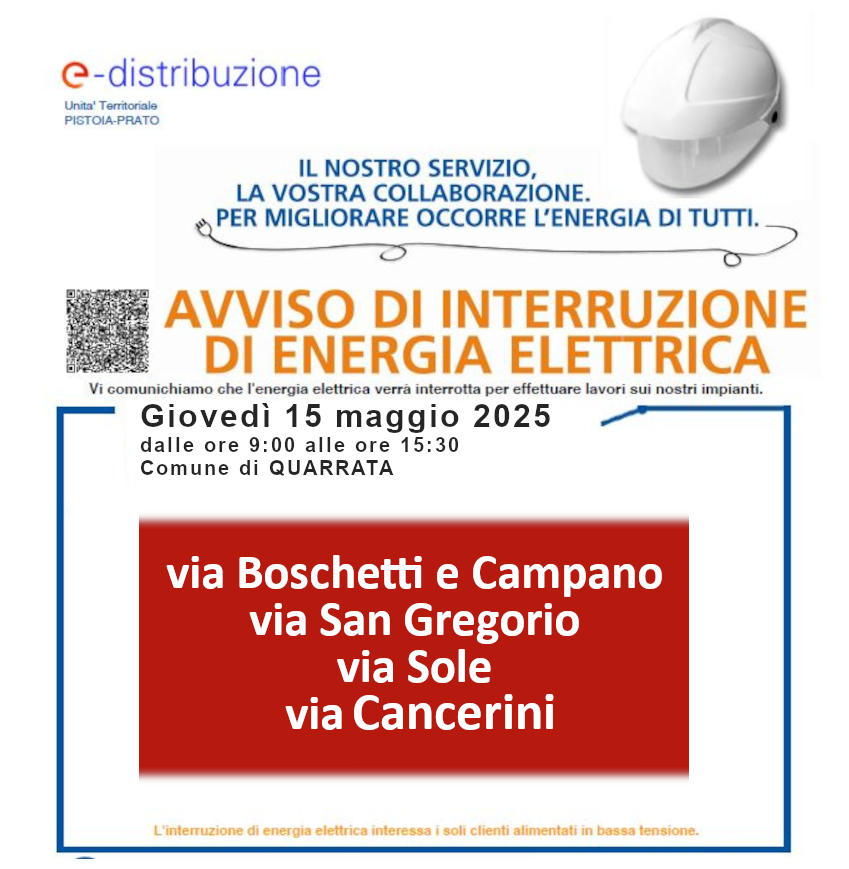 💡 AVVISO INTERRUZIONE DI ENERGIA ELETTRICA
L'Unità Territoriale Pistoia-Prato di e-distribuzione comunica le interruzioni di energia elettrica previste giovedì 15/5 dalle 9 alle 15:30. 
Leggi le vie e i civici interessati 👉bit.ly/43kMIVB