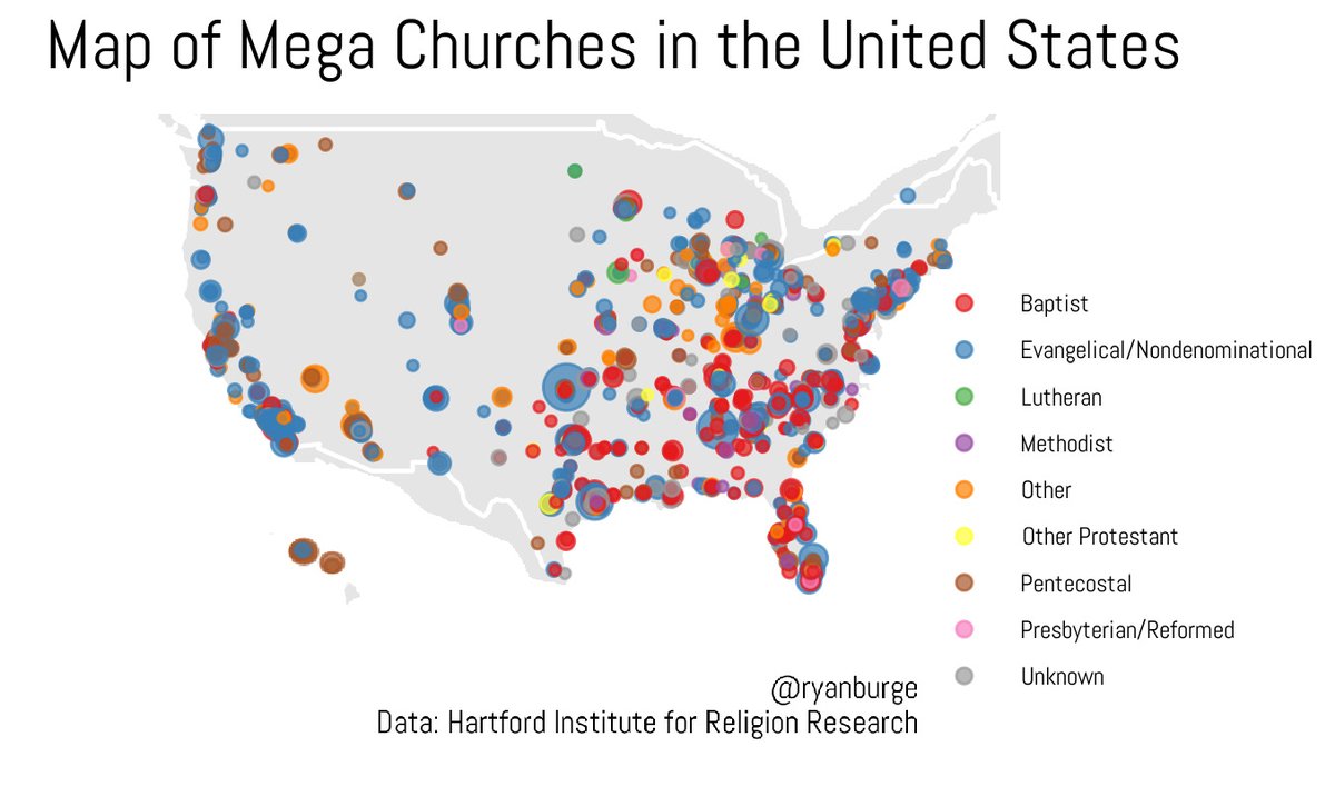 Here's a map of a whole bunch of megachurches throughout the United States. 

In a new paid post today, I do some initial analysis of denominational breakdown, state by state analysis and explore the relationship between population size and number of megachurches.
