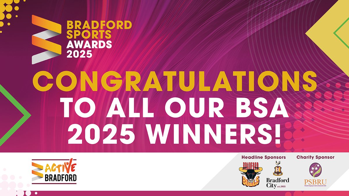 🏆Congratulations to all the outstanding individuals, teams, and organisations honoured at this year's Bradford Sports Awards! 

The full list of winners can be viewed here bit.ly/4m7aDza

#BSA25 #ActiveBradford
