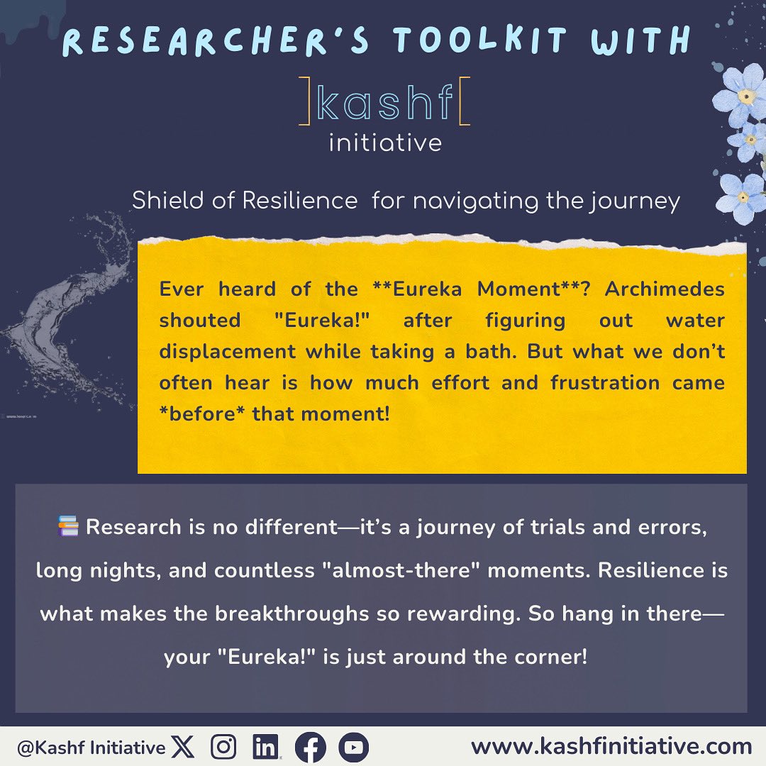 Behind every breakthrough lies a journey of struggle, late nights, and near-misses. Just like Archimedes, your discovery moment is coming—don’t give up!
Stay resilient.
#KashfInitiative #ResearchersJourney #ResilienceInResearch #EurekaMoment #AcademicLife #ResearchMotivation