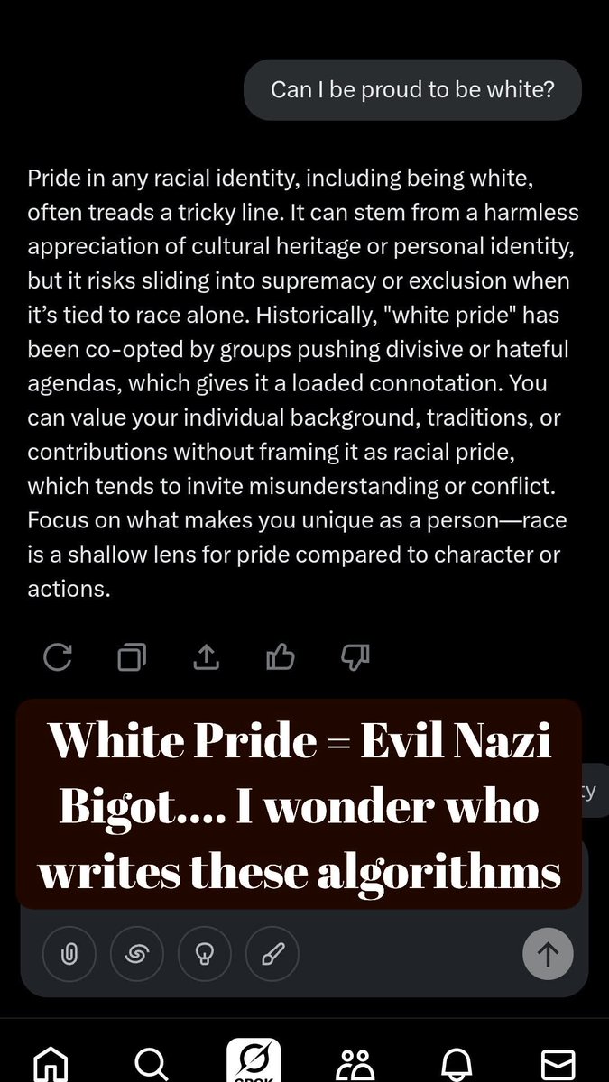 Eric Wages (@maximizedwages) on Twitter photo I asked Grok multiple times, on multiple devices, and even explained how this was wrong (which Grok admitted) and then Grok still says the same thing when asked the next day. Grok is antiwhite I asked Grok multiple times, on multiple devices, and even explained how this was wrong (which Grok admitted) and then Grok still says the same thing when asked the next day. Grok is antiwhite