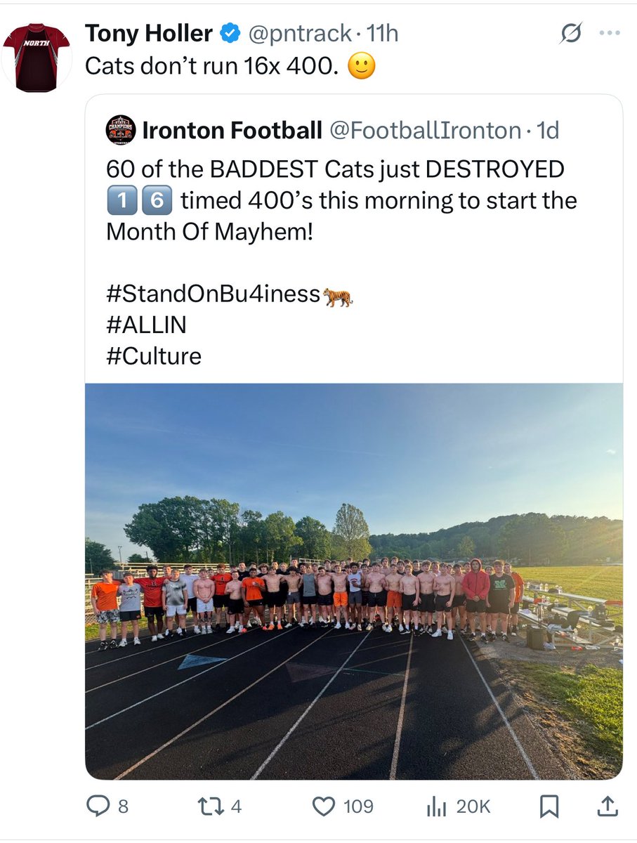 Yesterday, the Sprint-Based Football world was 🤯 when a coach proudly posted his 16x 400 workout. 

This forum gives us a chance to discuss, argue, and educate. 

My take ⤵️

1) Mindless conditioning reinforces bad habits and detrains speed and power. 

2) Miserable training