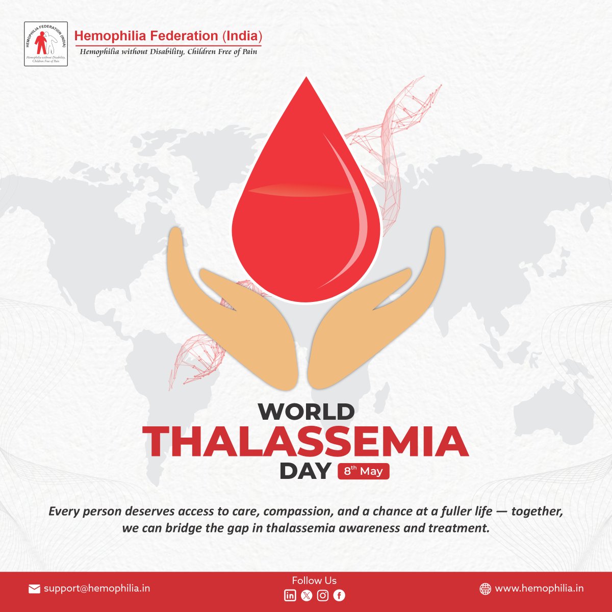 𝗪𝗼𝗿𝗹𝗱 𝗧𝗵𝗮𝗹𝗮𝘀𝘀𝗲𝗺𝗶𝗮 𝗗𝗮𝘆 🩸

We stand with the thalassemia community in their fight for better care, awareness &amp; support.
HFI remains committed to a future of compassion &amp; equal access to treatment.

#WorldThalassemiaDay #HemophiliaAwareness