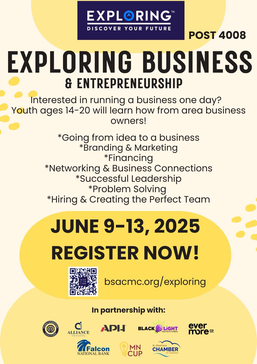Business &amp; Entrepreneur Explorers learn with real-world experiences, mentorship &amp; interactive projects! Participants will explore what it takes to launch &amp; manage a business, market ideas &amp; build lasting success.

For ages 14-20. Details &amp; registration at bsacmc.org/exploring