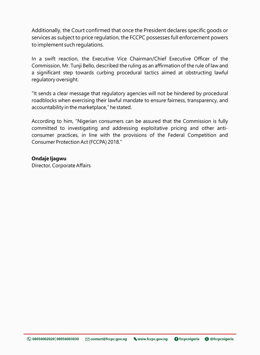 Subscription hike: FCCPC floors MultiChoice 

 * Court affirms Commission’s power to investigate exploitation 
* Tunji Bello welcomes judgement 

The Abuja Federal High Court today struck out the suit filed by MultiChoice Nigeria Limited seeking to restrain the FCCPC from