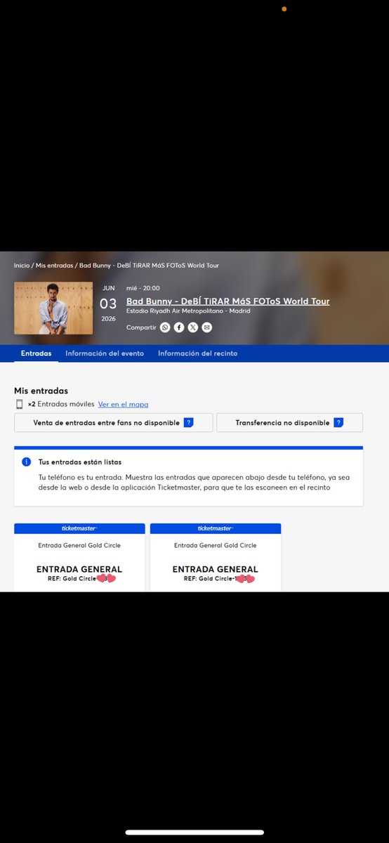 Tengo 2 entradas Gold Circle 
Bad Bunny
3 Junio Madrid
DMs Interesados