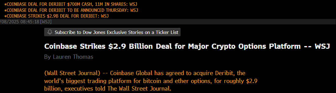 🚨Coinbase to buy Deribit for $2.9B ($700M cash, 11M shares) in Crypto's Largest Ever M&amp;A: WSJ