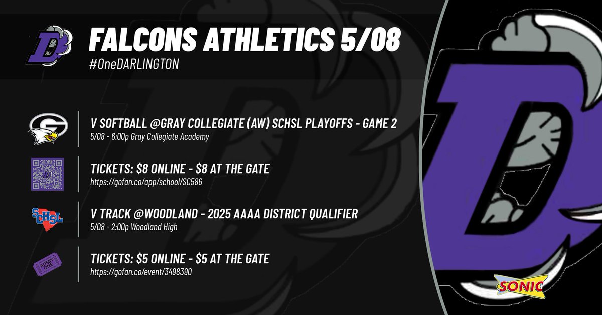 V Softball @ Gray Collegiate-SCHSL Playoffs Game 2
6:00p Gray Collegiate
Tickets:$8 Online/At Gate (Parking $10)
gofan.co/app/school/SC5…
V Track @ Woodland-4A District 
2:00p Woodland
Tickets:$5 Online/At Gate
gofan.co/event/3498390