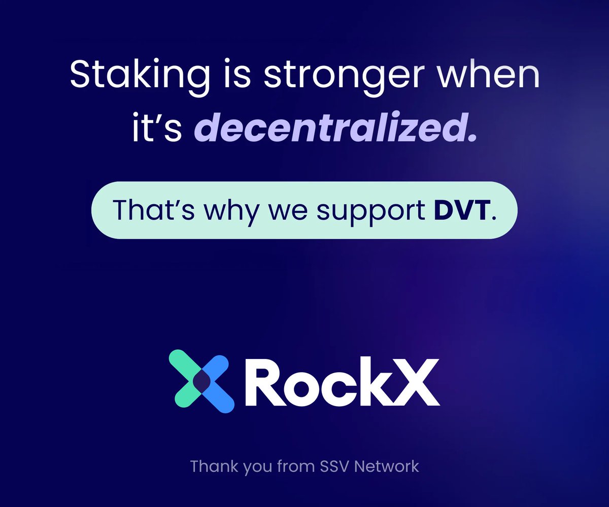 RockX (@rockx_official) on Twitter photo Decentralized staking is a team effort.
We’re proud to support <a href="/ssv_network/">SSV Network</a>’s DVT and help secure a more resilient Ethereum — now powered by 100,000+ distributed validators. Decentralized staking is a team effort.
We’re proud to support <a href="/ssv_network/">SSV Network</a>’s DVT and help secure a more resilient Ethereum — now powered by 100,000+ distributed validators.