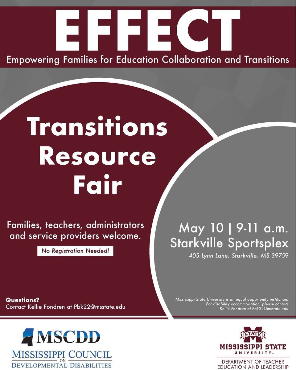 🎉Join <a href="/CollegeofEd_MSU/">MSU College of Education</a> Dept. of Teacher Education and Leadership and the Mississippi Council on Developmental Disabilities for an event filled with resources to support students with disabilities.
For details, contact Kellie Fondren at pbk22@msstate.edu.
#Transitions
