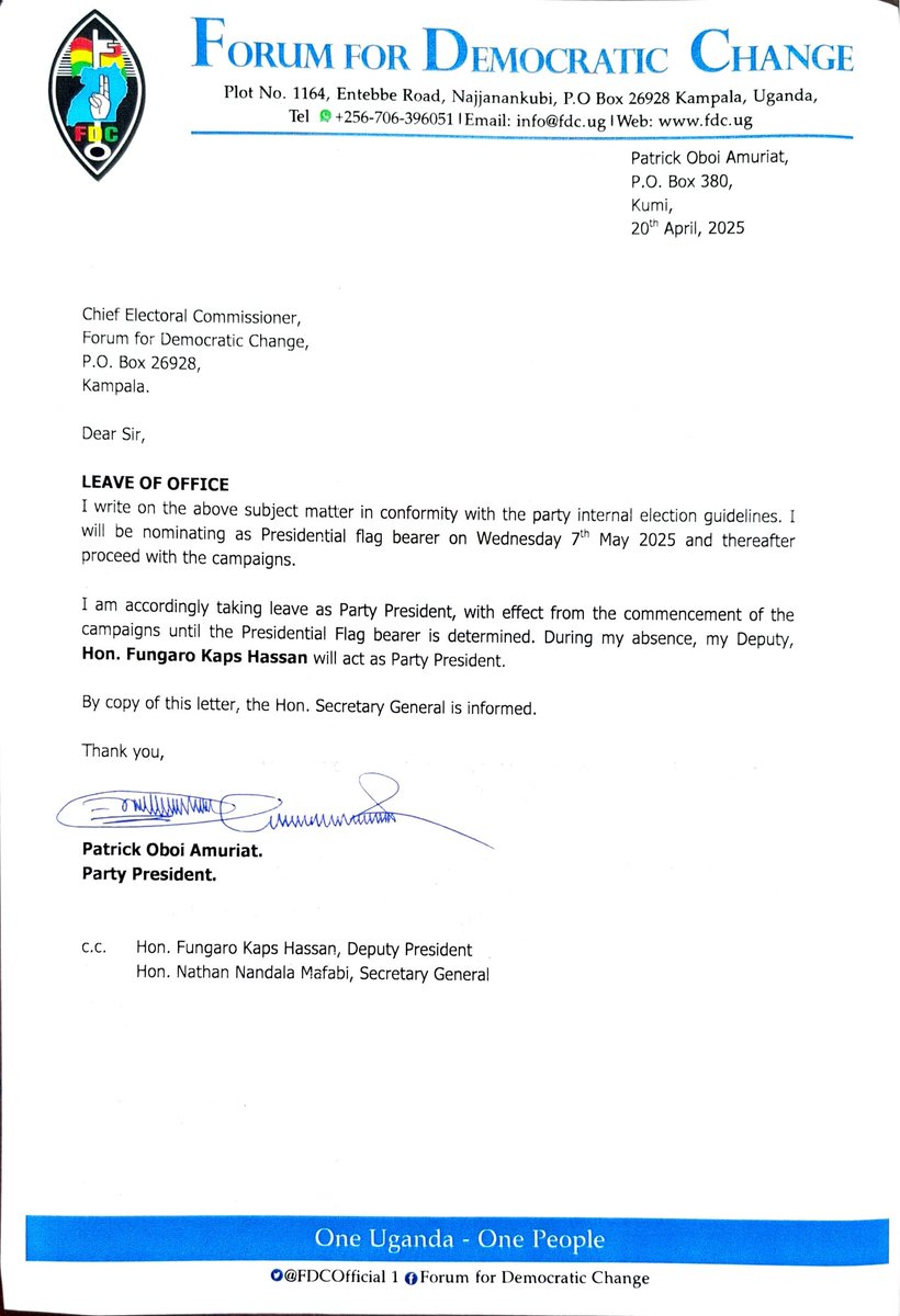 FDC (@fdcofficial1) on Twitter photo As per the FDC internal election guidelines, the Party President, Eng. <a href="/PatrickAmuriat/">Patrick Oboi Amuriat</a> has taken leave from office to contest as the Party Presidential Flagbearer.
During this period, Hon. Kaps Hassan Fungaroo will be the acting Party President until this process is concluded As per the FDC internal election guidelines, the Party President, Eng. <a href="/PatrickAmuriat/">Patrick Oboi Amuriat</a> has taken leave from office to contest as the Party Presidential Flagbearer.
During this period, Hon. Kaps Hassan Fungaroo will be the acting Party President until this process is concluded