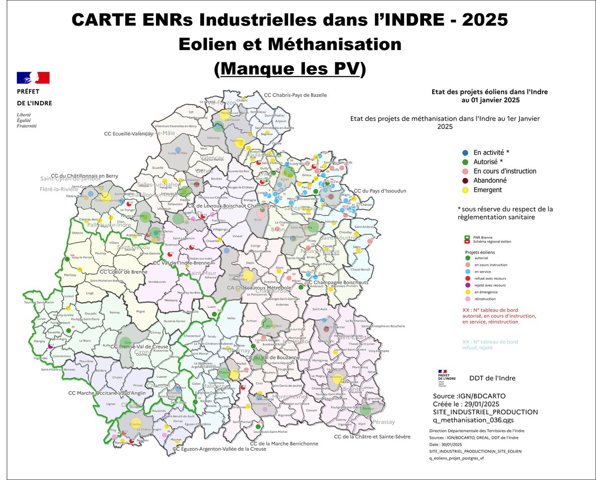 Carte Eolien et Méthanisation 2025 Département de l'Indre. Il manque les PVs Industriels ! Ils arrivent dans une prochaine édition.
Vous avez dit "SATURATION !?". Non, il reste encore un peu de place. A vous de juger...
#gueux