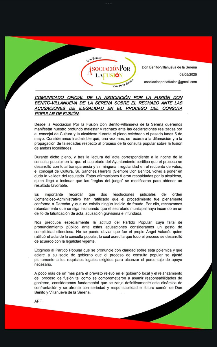 📢 Comunicado sobre el rechazo ante las acusaciones de ilegalidad en el proceso de la consulta popular de fusión en el ultimo pleno del 5 de mayo.

🌐Redes sociales, documentos y sugerencias:
linktr.ee/asociacionporl…