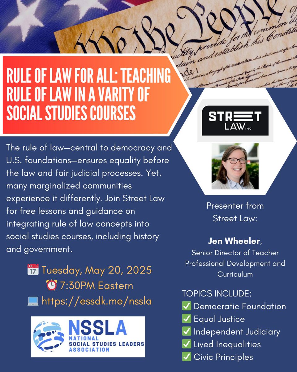nsslasocstudies (@nsslasocstudies) on Twitter photo Join NSSLA for our next webinar. This session is in partnership with our partner Street Law <a href="/StreetLawInc/">Street Law</a> and will explore applications of the idea of "Rule of Law" across the social studies curriculum.
Tuesday, May 20, 2025
7:30PM Eastern Time
online: essdk.me/nssla Join NSSLA for our next webinar. This session is in partnership with our partner Street Law <a href="/StreetLawInc/">Street Law</a> and will explore applications of the idea of "Rule of Law" across the social studies curriculum.
Tuesday, May 20, 2025
7:30PM Eastern Time
online: essdk.me/nssla