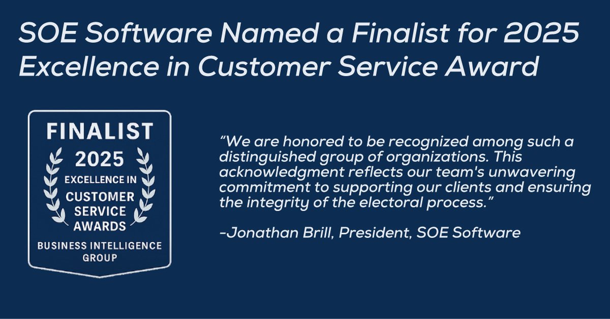 SOESoftware's tweet image. 🎉 Honored to be named a finalist in the 2025 Excellence in Customer Service Awards by @bigawards!

For 20+ years, we&apos;ve helped election offices strengthen transparency, access &amp;amp; training through trusted digital tools.

🔗 bintelligence.com/posts/from-goo…

#ElectionTech #CustomerService