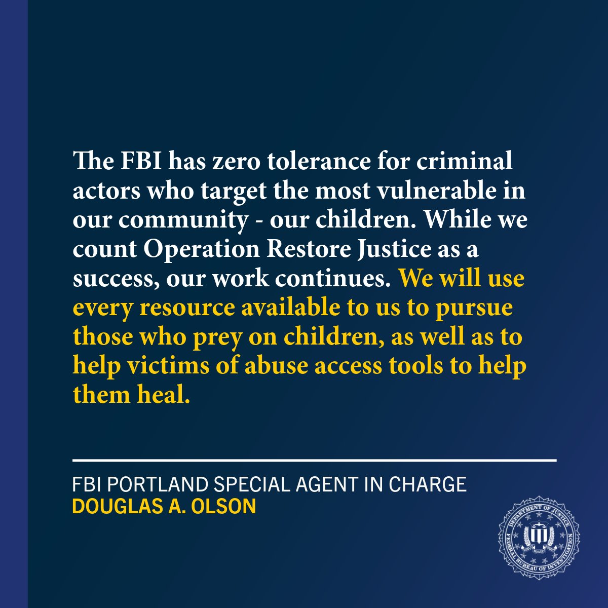 Justice Department Announces Results of Operation Restore Justice: 205 Child Sex Abuse Offenders Arrested in FBI-led Nationwide Crackdown, Including Three in the District of Oregon ow.ly/iRxV50VPmgN