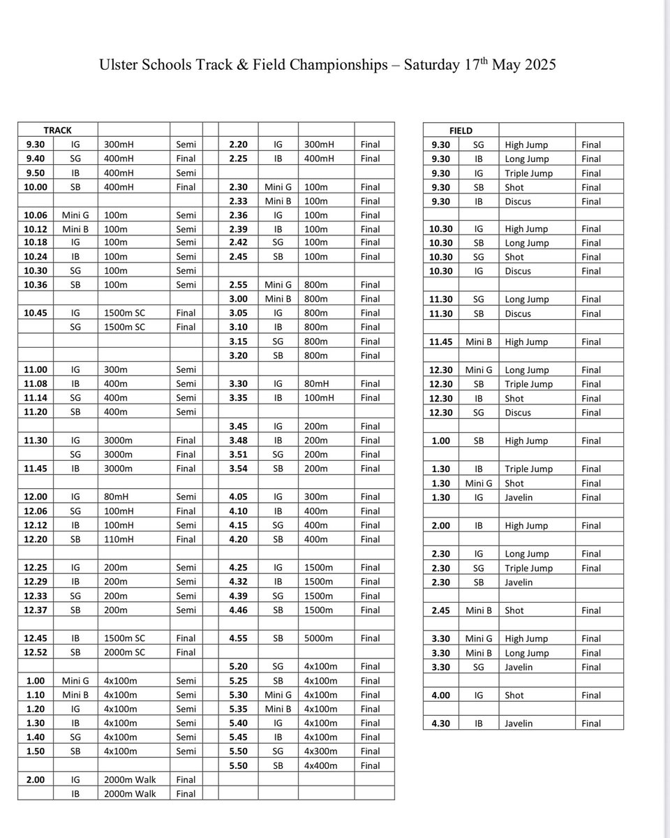 Timetables below for the Ulster Schools Track and Field finals. Good luck to all athletes 🏃‍♀️‍➡️🏃🏽‍➡️😀