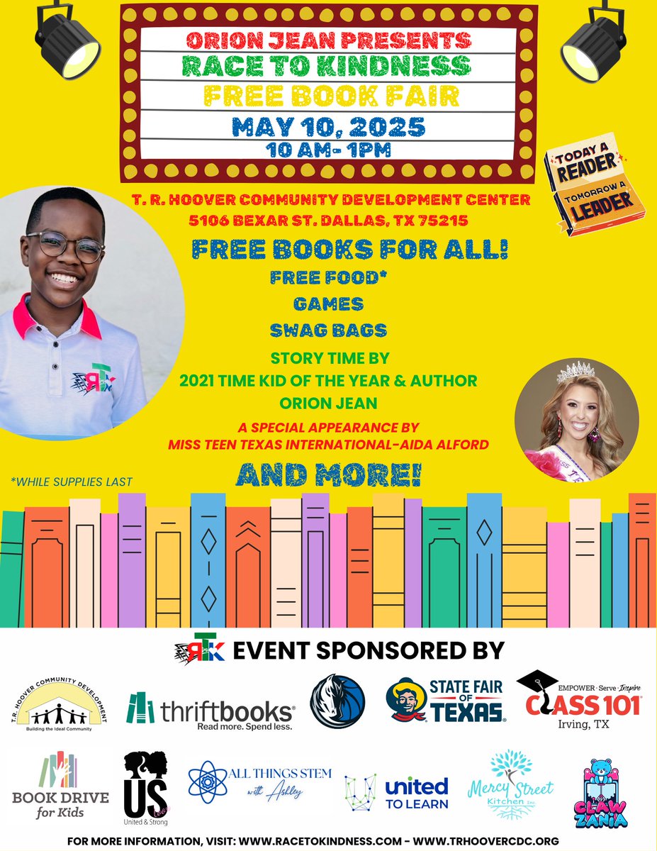 🌟 Race to Kindness Book Fair 🌟
📚 Free books, food &amp; fun for all ages!
🗓 May 10, 2025 | ⏰ 10 AM - 1 PM
📍 T.R. Hoover CDC, Dallas, TX
Join us to spread kindness through reading! #RaceToKindness #BookFair #DallasEvents